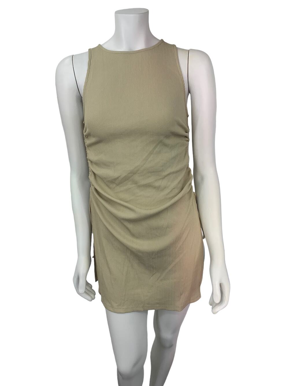 Zara beige mini dress drawstring tie cinch ruched slits sleeveless bodycon small
